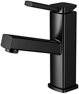 KAIYING Bathroom Sink Faucet with Pull Out Sprayer, Single Handle Basin Mixer Tap for Hot and Cold Water, Lavatory Pull Down Sink Faucet with Rotating Spout (Regular, Black)