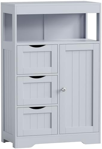 JUMMICO Bathroom Floor Cabinet, Wooden Free-Standing Storage Organizer with 1 Door and 3 Drawers, Bathroom Storage Cabinet for Living Room/Kitchen/Hallway/Home Office (Grey, 3 Drawers)