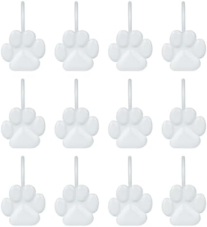 Sunlit Fashion Design Cute Paw Print Polished Shower Curtain Hooks for Dog Cat and Bear, Rust Proof Oil Rubbed Metal Shower Curtain Rings, White, 12 Pack