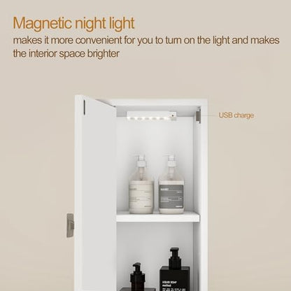 Bathroom Storage Cabinet, Tall Narrow Storage Cabinet with USB Light, White