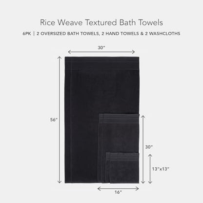 Texere 100% Organic Cotton Rice Weave Jacquard 700 GSM Luxury Bath Towel Sets - Spa Quality Bath Towels, Hand Towels, Washcloths (Rice Weave, Black, 6 Piece)