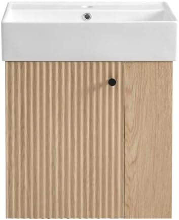 BNSPLY 22 Inch Floating Bathroom Vanity with Sink, Wall Mounted Bathroom Vanity Cabinet with Ceramic Sink, Modern Single Basin Vanities, Small Restroom Basin Cabinet with Right Side Storage, Wood