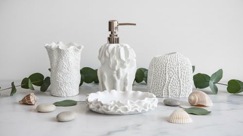 Hymmah Bathroom Accessories Set,Coral Seashell Design Toothbrush Holder,Farmhouse Bathroom Decor,4 Pcs Resin Gift Set Apartment Necessities, Contain Toothbrush Cup,Soap Dispenser,Soap Dish,Tumbler