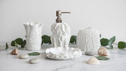 Hymmah Bathroom Accessories Set,Coral Seashell Design Toothbrush Holder,Farmhouse Bathroom Decor,4 Pcs Resin Gift Set Apartment Necessities, Contain Toothbrush Cup,Soap Dispenser,Soap Dish,Tumbler