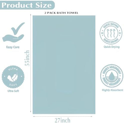 2-Pack Microfiber Bath Towels (27x54 Inches) - Ultra Soft & Quick Dry, 3X Absorbency, Lightweight for Gym, Yoga, Travel & Spa - Perfect for Home, Fitness & Post-Workou