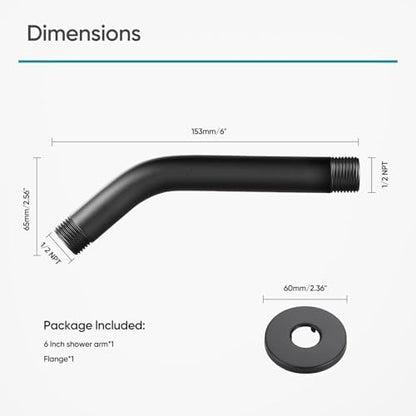 Cobbe Shower Arm with Flange and Teflon Tape, 6-Inches Wall Mounted Shower Pipe Arm Extension for Fixed Shower Head, Matte Black
