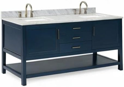 ARIEL Bayhill 72-inch Bathroom Vanity with Sink,Solid Wood, 0.75-inch Italian Carrara Marble Countertop, Double Rectangular Porcelain Sink, 2 Soft Closing Doors, 3 Dovetail Drawers, Midnight Blue