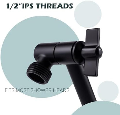 Heavy Duty Adjustable Shower Arm, 11" 100%Brass Extension with Gear Lock Teeth & Swivel Nut,Strong Load Support, No Sagging, Keeps ShowerHead Straight, Leak-Free, G1/2 NPT（Matt Black）