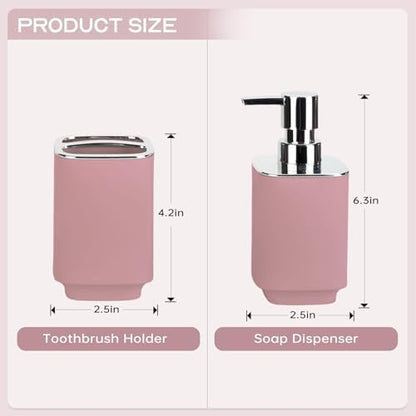 Pink Bathroom Accessories 2 Pcs, Soap Dispenser and Toothbrush Holder Set