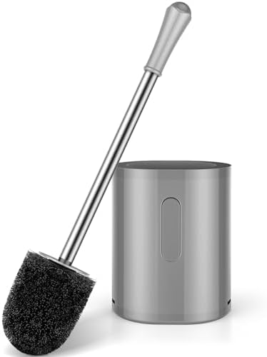Toilet Brush and Holder Set, with Stainless Steel Handle Toilet Bowl Brush, Compact Toilet Scrubber Brush for Deep Cleaning Bathroom Restroom, Easy to Assemble-Grey