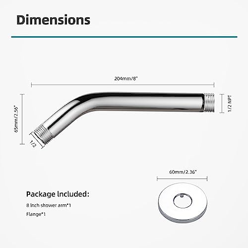 Cobbe Shower Arm with Flange and Teflon Tape, 8-Inches Wall Mounted Shower Pipe Arm 304 Stainless Steel Extension for Fixed Shower Head, Chrome