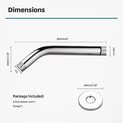 Cobbe Shower Arm with Flange and Teflon Tape, 8-Inches Wall Mounted Shower Pipe Arm 304 Stainless Steel Extension for Fixed Shower Head, Chrome