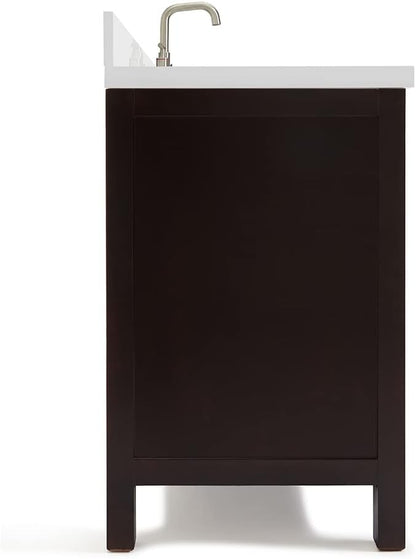 ARIEL Cambridge 60-inch Bathroom Vanity with Sink,Solid Wood, 1.5-inch Pure White Quartz Countertop & Backsplash, Single Oval Porcelain Sink, 2 Soft Closing Doors, 9 Dovetail Drawers, Espresso