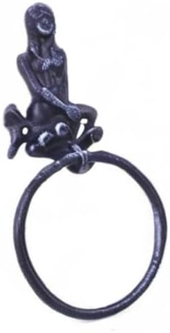 Handcrafted Nautical Decor Rustic Dark Blue Cast Iron Mermaid Towel Holder 8.5" - Cast Iron Decoration - A