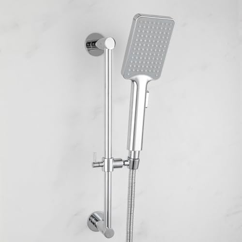 Shower Slide Bar Adjustable Handheld Shower Head Holder Wall Mount - 15inch All-Metal Shower Head Slide Bar Compatible with Bathroom Drill Free Glue Installation - Polished Chrome