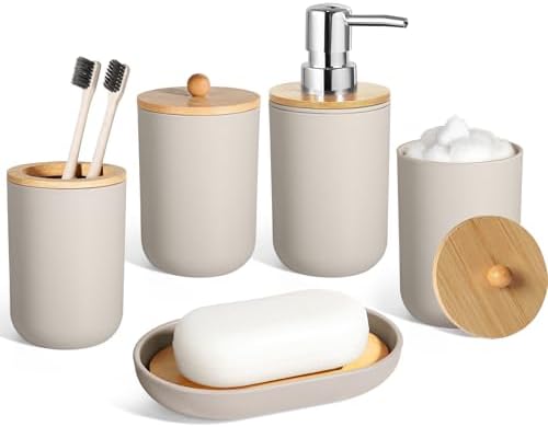 Bathroom Accessories Set 5 Pcs, Plastic Beige Bathroom Decor, Soap Dispenser and Toothbrush Holder Set, Soap Dish, Cotton Swab Jar, Bathroom Set, Boho Bathroom Organizer Accessory