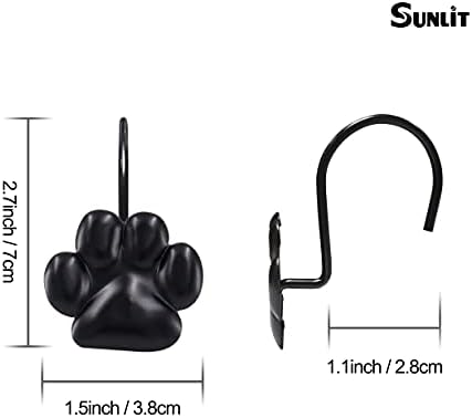 Sunlit Fashion Design Cute Paw Print Polished Shower Curtain Hooks for Dog Cat and Bear, Rust Proof Oil Metal Shower Curtain Rings, Black-12 Pack