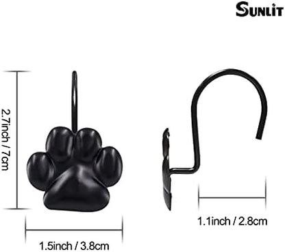 Sunlit Fashion Design Cute Paw Print Polished Shower Curtain Hooks for Dog Cat and Bear, Rust Proof Oil Metal Shower Curtain Rings, Black-12 Pack
