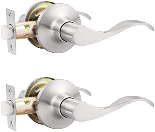 GOBEKOR 2 Pack Brushed Nickel Interior Door Handles Passage Door Levers for Hallway Closet Wave Lever Door Handles Keyless Door Locks