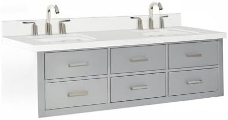 ARIEL Hutton 60-inch Bathroom Vanity with Sink,Solid Wood, 1.5-inch Pure White Quartz Countertop & Backsplash, Double Rectangular Porcelain Sink, 3 Dovetail Drawers, Grey