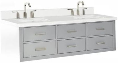 ARIEL Hutton 60-inch Bathroom Vanity with Sink,Solid Wood, 1.5-inch Pure White Quartz Countertop & Backsplash, Double Rectangular Porcelain Sink, 3 Dovetail Drawers, Grey