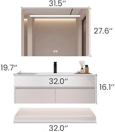 32" Bathroom Vanity with Sink, Single Sink Bathroom Vanity with Smart LED Defog Mirror, Ceramic Sink, Wall Mounted Floating, Soft Closing, Fully Pre-Assembled, Ample Storage, Mirror Set