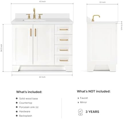 ARIEL Taylor 42-inch Bathroom Vanity with Sink,Solid Wood, 1.5-inch Pure White Quartz Countertop & Backsplash, Single Rectangular Porcelain Sink, 2 Soft Closing Doors, 5 Dovetail Drawers, White