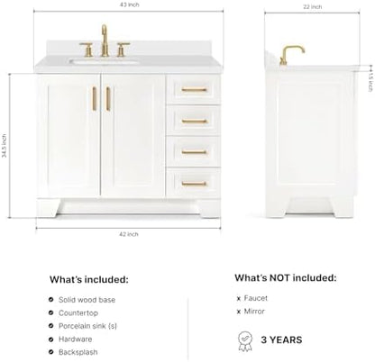 ARIEL Taylor 42-inch Bathroom Vanity with Sink,Solid Wood, 1.5-inch Pure White Quartz Countertop & Backsplash, Single Rectangular Porcelain Sink, 2 Soft Closing Doors, 5 Dovetail Drawers, White