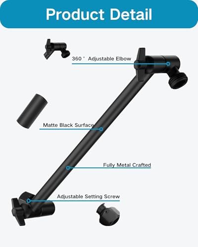 11 Inch Adjustable Shower Head Extension Arm With Locking Set Screw, Singing Rain 304 Stainless Steel Matt Black Angle Height Adjustable, Easy Install, G1/2 Universal Connector Compatible (Matt Black)