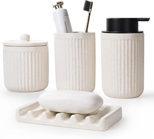 BosilunLife Striped Beige Ceramic Bathroom Accessories Set of 4