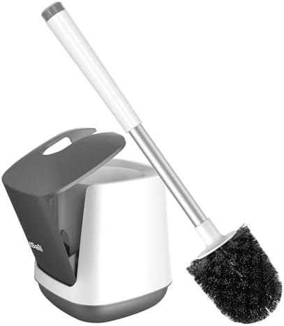 SetSail Toilet Brush and Holder, Self Closing Lid Toilet Bowl Brushes Holder and Extra Long Handle Ventilated Toilet Brush Set for Bathroom Cleaning, Nylon Bristles, White & Grey