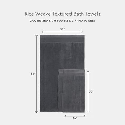 Texere 100% Organic Cotton Rice Weave Jacquard 700 GSM Luxury Bath Towel Sets - Ultra Soft and Absorbent Hotel and Spa Quality (Rice Weave, Charcoal, 2 Bath & 2 Hand Towels)