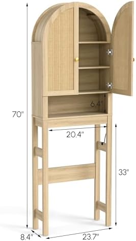 HMstone Over The Toilet Storage Cabinet, Arched Bathroom Organizer and Storage with Rattan Doors and Adjustable Shelf, Space-Saving Freestanding Bathroom Modern Storage Cabinet Over Toilet (Natural)