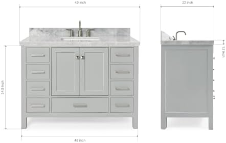 ARIEL Cambridge 48-inch Bathroom Vanity with Sink,Solid Wood, 1.5-inch Italian Carrara Marble Countertop, Single Rectangular Porcelain Sink, 2 Soft Closing Doors, 9 Dovetail Drawers, Grey