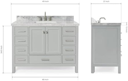 ARIEL Cambridge 48-inch Bathroom Vanity with Sink,Solid Wood, 1.5-inch Italian Carrara Marble Countertop, Single Rectangular Porcelain Sink, 2 Soft Closing Doors, 9 Dovetail Drawers, Grey