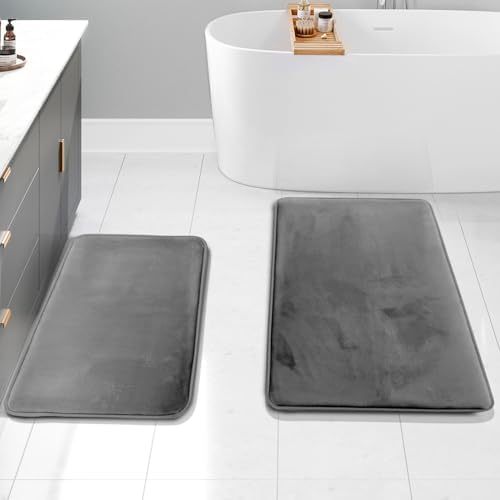 Clara Clark 2 Piece Bathroom Rug Set - Memory Foam, Bath Mat Set, Plush, Cozy, Ultra Soft, Non Slip, Machine Washable, Quick Dry - 24” x 17”+ 32” x 20” - Medium Grey