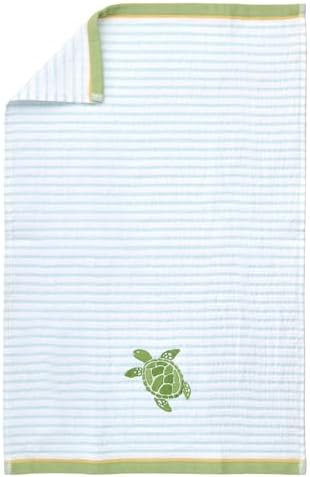 Ritz 2-Piece Cotton Velour Bathroom Hand Towel Set, Embroidered Sea Turtle Design, Soft Pinstripe Coastal Bathroom Towels for Beach House, Lake Home, or Spa Decor, 16 in x 26 in