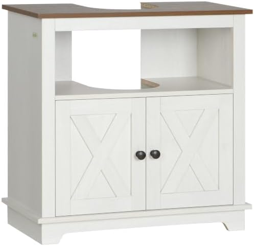kleankin Farmhouse Under Sink Bathroom Cabinet, Pedestal Vanity Storage Cabinet with Double Doors and Storage Shelves, Bathroom Organizer, White