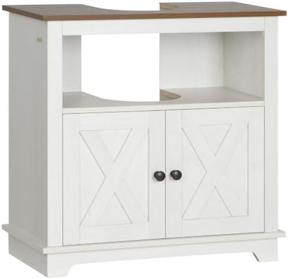 kleankin Farmhouse Under Sink Bathroom Cabinet, Pedestal Vanity Storage Cabinet with Double Doors and Storage Shelves, Bathroom Organizer, White