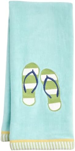 Ritz 2-Piece Cotton Velour Bathroom Hand Towel Set, Embroidered Striped Flip Flops Design, Soft Aqua Coastal Towels for Beach House, Pool, or Spa Decor, 16” x 26”