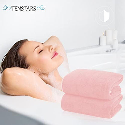 TENSTARS Silk Hemming Bath Towels for Bathroom Clearance - 27 x 55 inches - Light Thin Quick Drying - Soft Microfiber Absorbent Towel for Bath Fitness, Sports, Yoga, Travel, Gym - 2 Pack, Pink