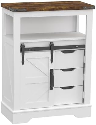 Panana Farmhouse Bathroom Floor Cabinet, Sliding Barn 3 Drawers & 1 Door Freestanding Small Storage Cabinet for Bathroom, Kitchen (White)