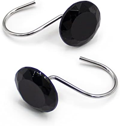 Crystal Diamond Round Shower Curtain Hooks Rings for Bathroom,Black,12PCS