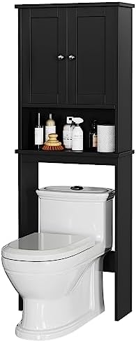 Over The Toilet Storage Cabinet for Bathroom, Black Bathroom Storage Over Toilet, Space Saver W/Adjustable Shelf and Open Shelf, Black