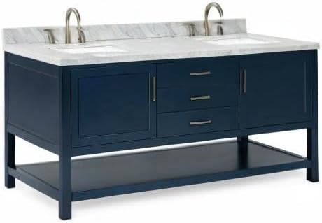 ARIEL Bayhill 72-inch Bathroom Vanity with Sink,Solid Wood, 1.5-inch Italian Carrara Marble Countertop, Double Rectangular Porcelain Sink, 2 Soft Closing Doors, 3 Dovetail Drawers, Midnight Blue