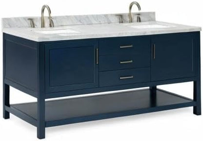 ARIEL Bayhill 72-inch Bathroom Vanity with Sink,Solid Wood, 1.5-inch Italian Carrara Marble Countertop, Double Rectangular Porcelain Sink, 2 Soft Closing Doors, 3 Dovetail Drawers, Midnight Blue
