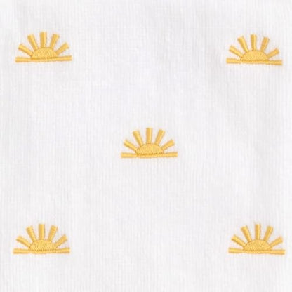 Ritz 2-Piece Cotton Velour Bathroom Hand Towel Set, Embroidered Sun Allover Pattern, Soft White Decorative Towels with Yellow & Pink Striped Border, Bath Decor, 16” x 26”
