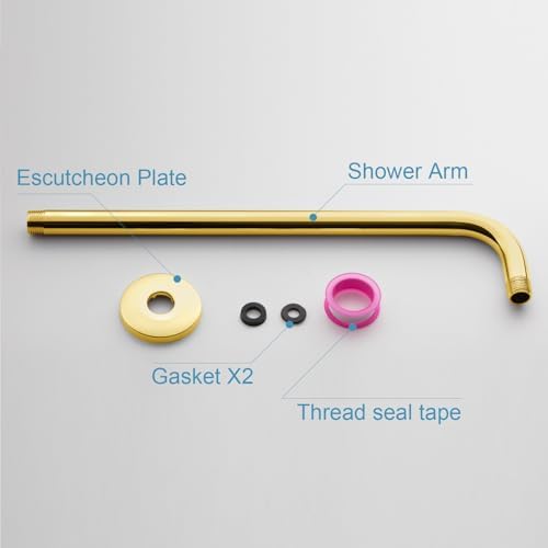 OFFO Shower Arm with Flange, 12 in Bright Gold Wall Mount Replacement Angle Shower Head Arm Wall-Mounted For Fixed Shower Head & Handheld Showerhead