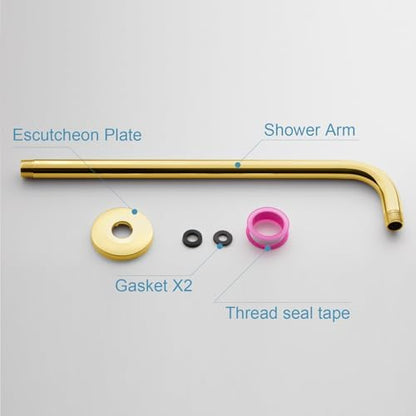 OFFO Shower Arm with Flange, 12 in Bright Gold Wall Mount Replacement Angle Shower Head Arm Wall-Mounted For Fixed Shower Head & Handheld Showerhead
