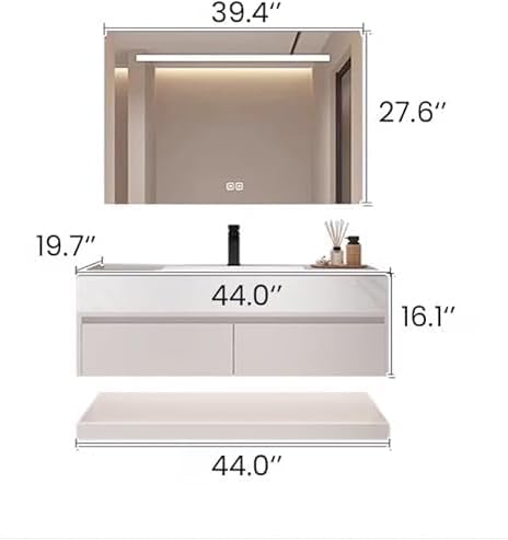 Bathroom Vanity with Sink, Single Sink Bathroom Vanity with Smart LED Defog Mirror, Display Time, Ceramic Sink, Soft Closing, Fully Pre-Assembled (White, 44in Mirror)